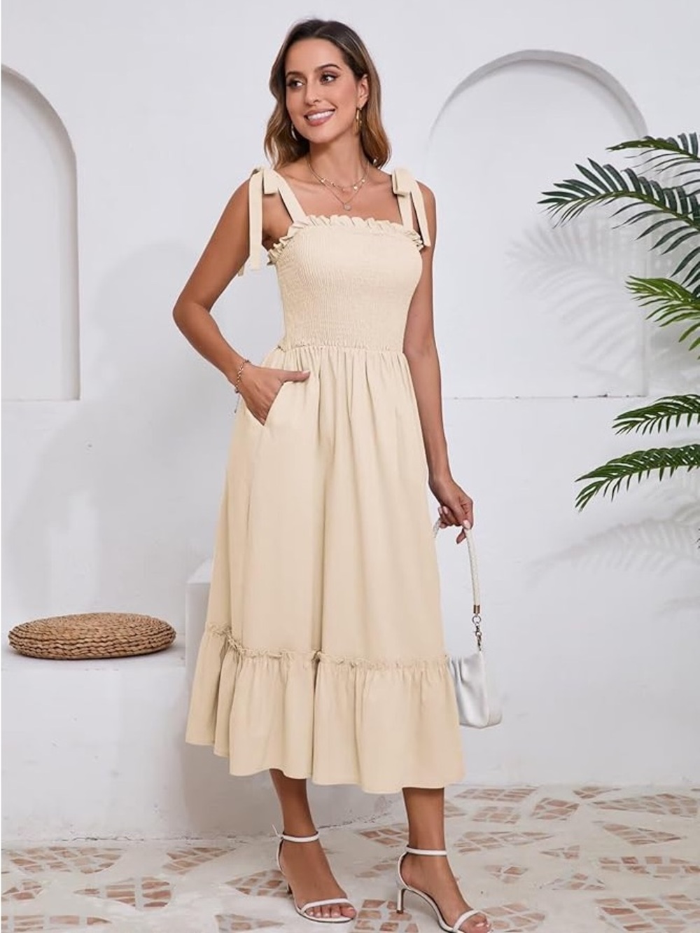 Smocked Tie-Strap Midi Dress in Cream